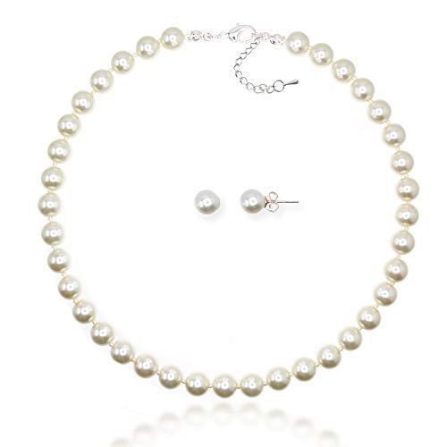 Wedding Girls 8mm Round Glass Pearl with .925 Sterling Silver Post Earring Set Choice of Length & Color Choker Necklace for Women JIBSA Hand Knotted Single Pearl Necklace Set 