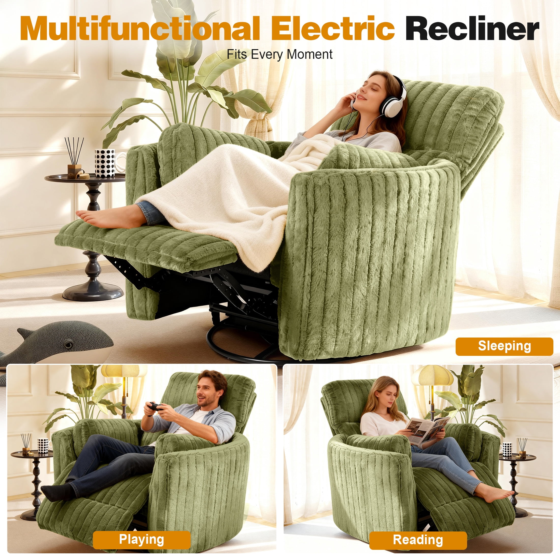 Aukfa Swivel Rocking Glider Power Recliner Chair with 24" Wide Seat & Type-C & USB Ports, Green