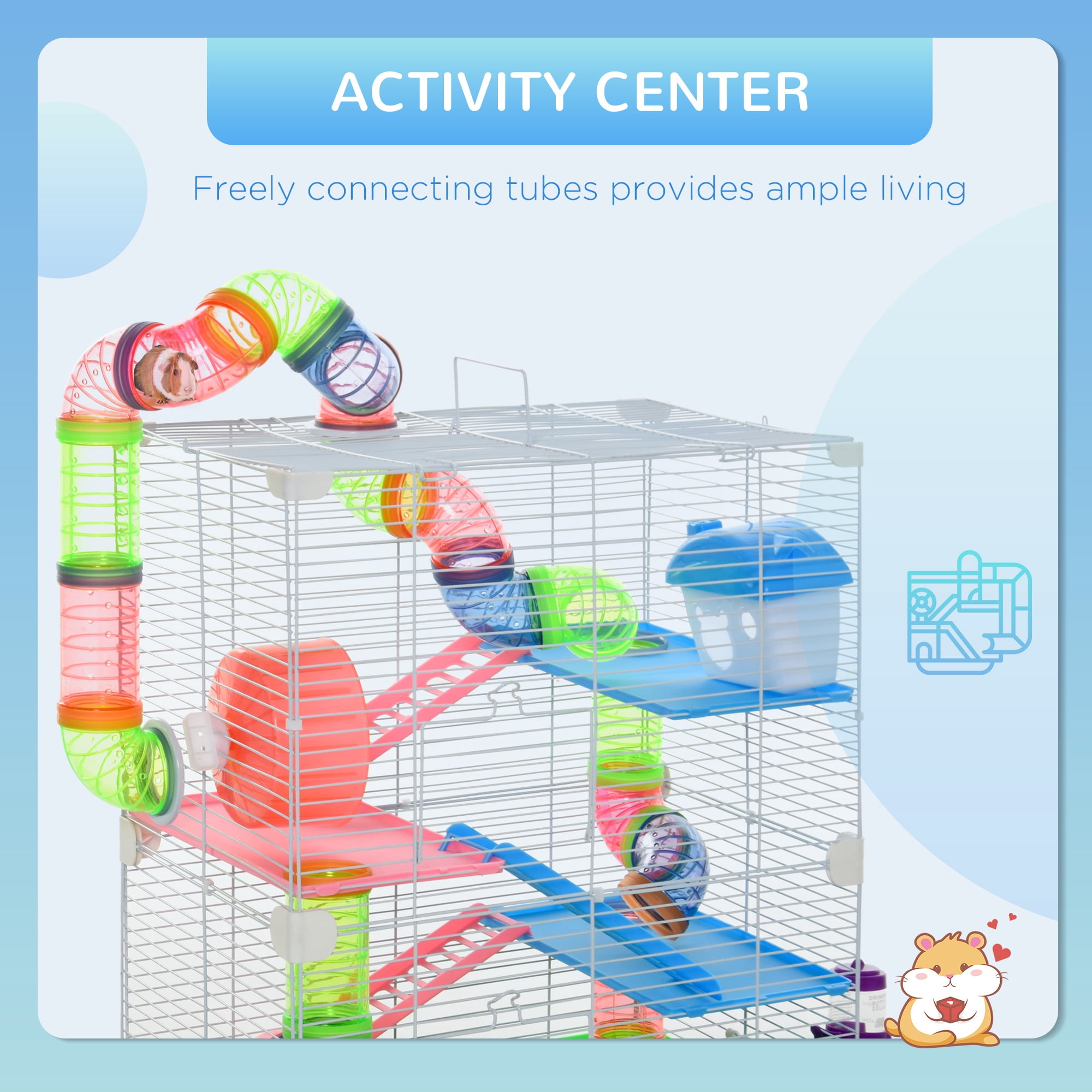18" 5 Tier Hamster Cage with Tubes and Tunnels, Small Animal Cage with Portable Carry Handle, Rat Gerbil Cage with Water Bottle, Food Dish, Exercise Wheel