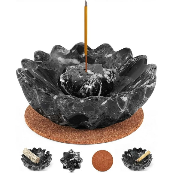Radicaln Black Marble Incense Holder 5.5" Handmade Natural Stone Incense Burner, Ash Catcher for Incense Sticks, Sage, Palo Santo & Yoga Meditation Accessories