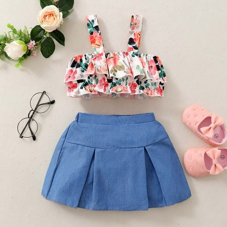 

Leutsin Toddler Kids Baby Girls Summer Floral Sling Top Mini Skirt Clothes Suit