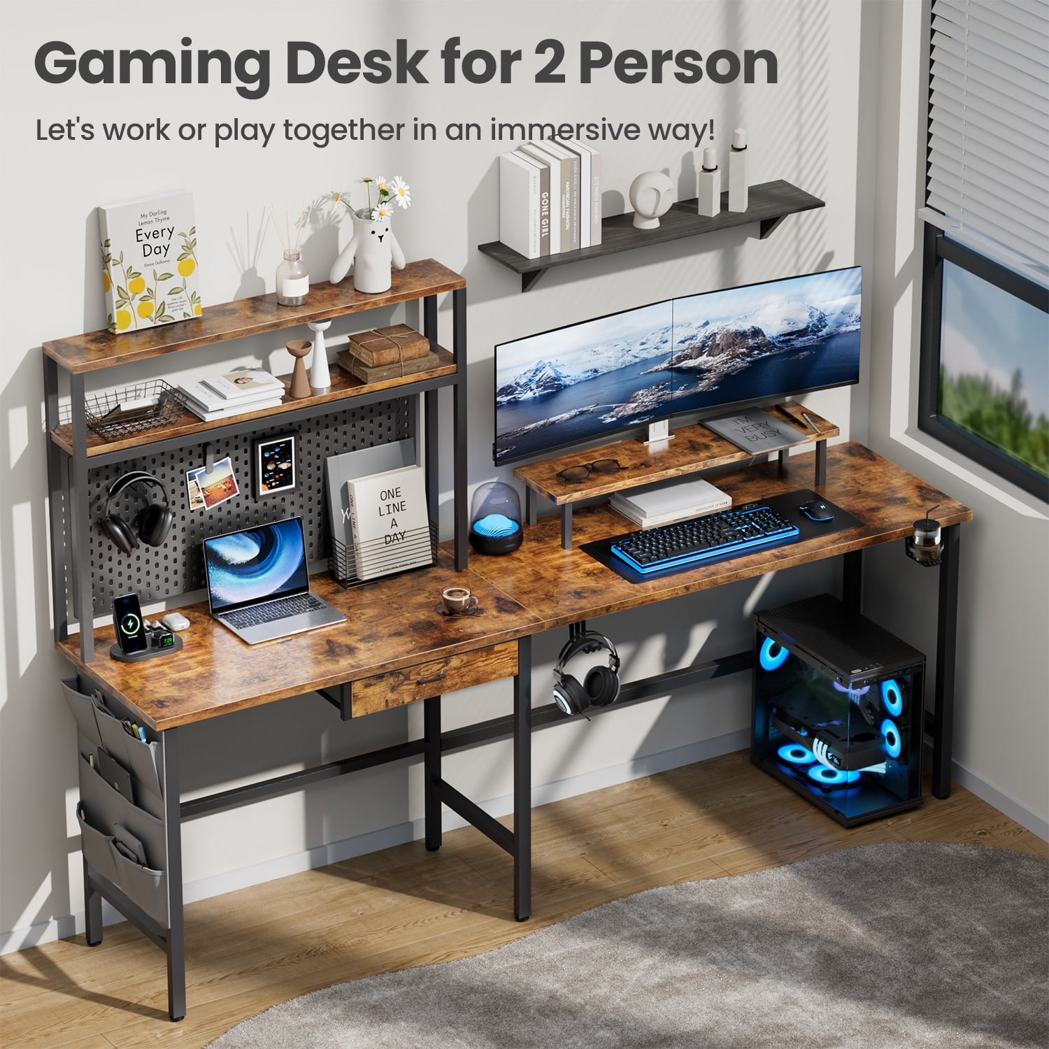 HLDIRECT L Shaped Gaming Desk with LED Light & Power Outlet, 59 Inch Reversible Corner Computer Desk with Storage Shelves & Drawer & Bag, Game Table with Hutch Monitor Stand, Rustic Brown