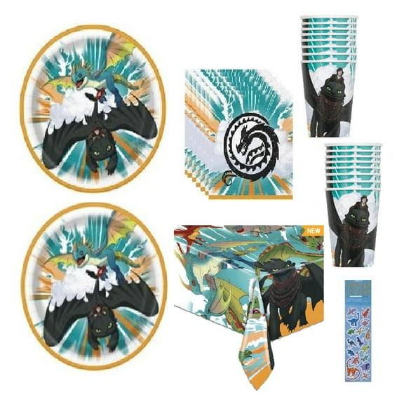 How to Train Your Dragon Birthday Party Supplies Bundle includes 16 Large Paper Plates 9", 16 Napkins 6.5", 16 Paper Cup, 1 Tablecover, 1 Dinosaur Sticker Sheet