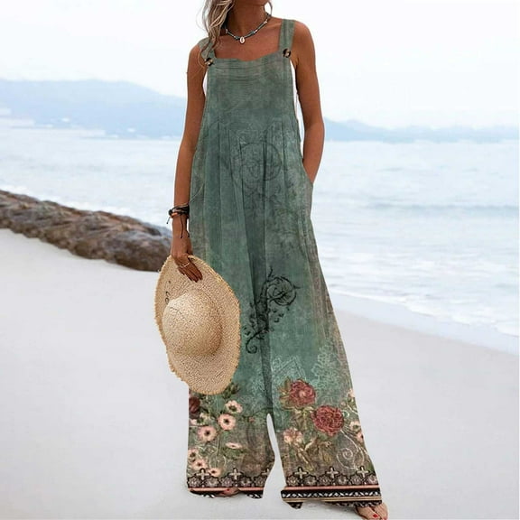 Women's Printed Jumpsuit Casual Button Pocket Sleeveless Wide Leg Trousers