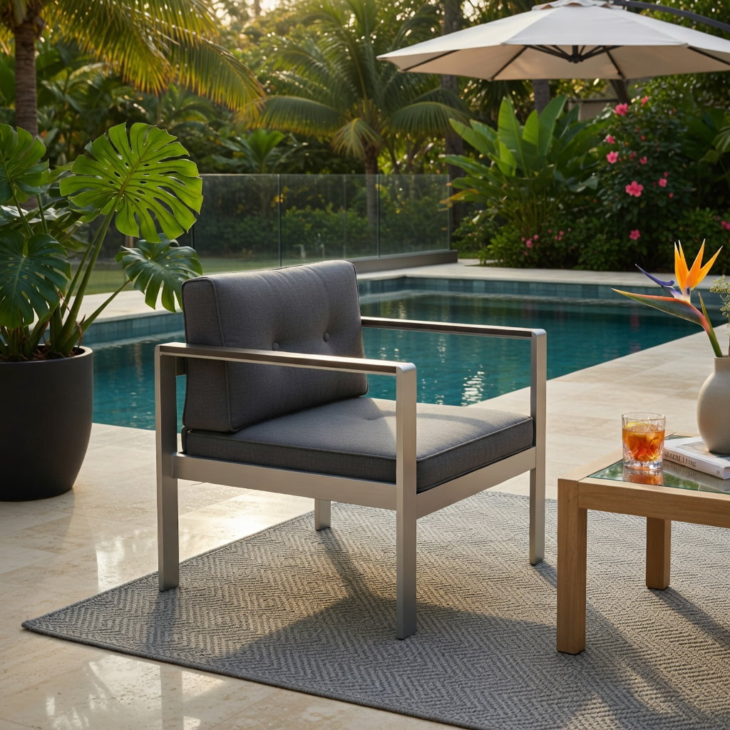 Hommoo Modern Aluminum Outdoor Sofa Chair with WPC Armrests, Olefin Cushions & Ergonomic Support, Lightweight, Weather-Resistant Patio Seating, Gray