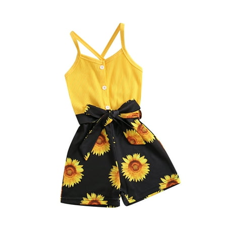 

GRNSHTS Toddler Kids Baby Girl Strap Sleeveless Romper Bodysuit Sunflower Print Short Jumpsuit Summer Outfit (Yellow 4T)