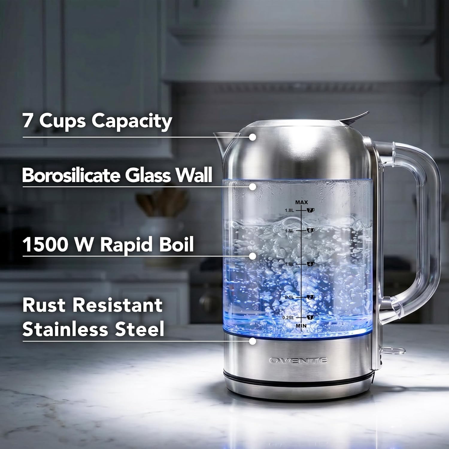 OVENTE Electric Kettle, 1.8L Glass Kettle Stainless Steel Base Water Boiler Electric with Acrylic Handle, 1500W Fast Boil Electric Kettle, Easy Fill Lid, Auto Shut-Off, Silver KG921S