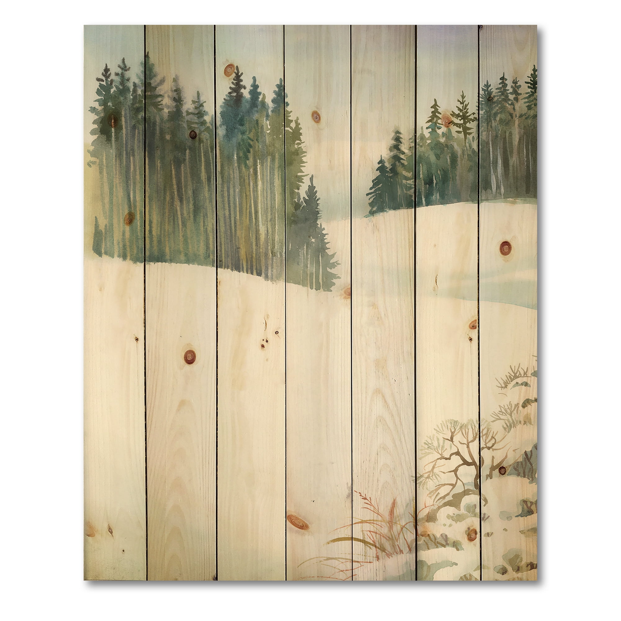 Designart 'Pine Forest In Snowy Winter Mountains' Traditional Print on Natural Pine Wood
