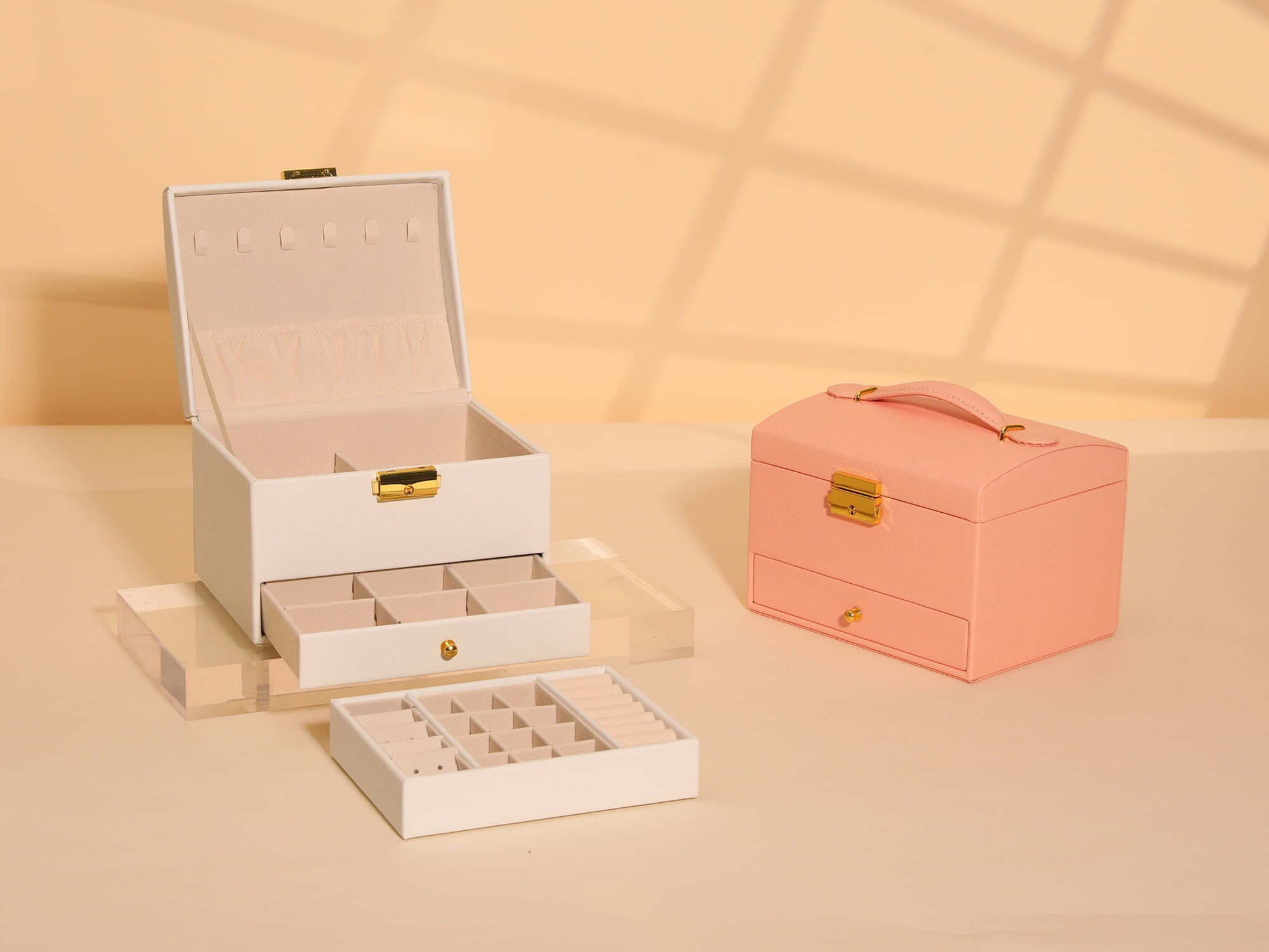 Unique Bargains 3 Layer Jewelry Box PU Leather Jewelry Organizer Case Storage Holder Pink