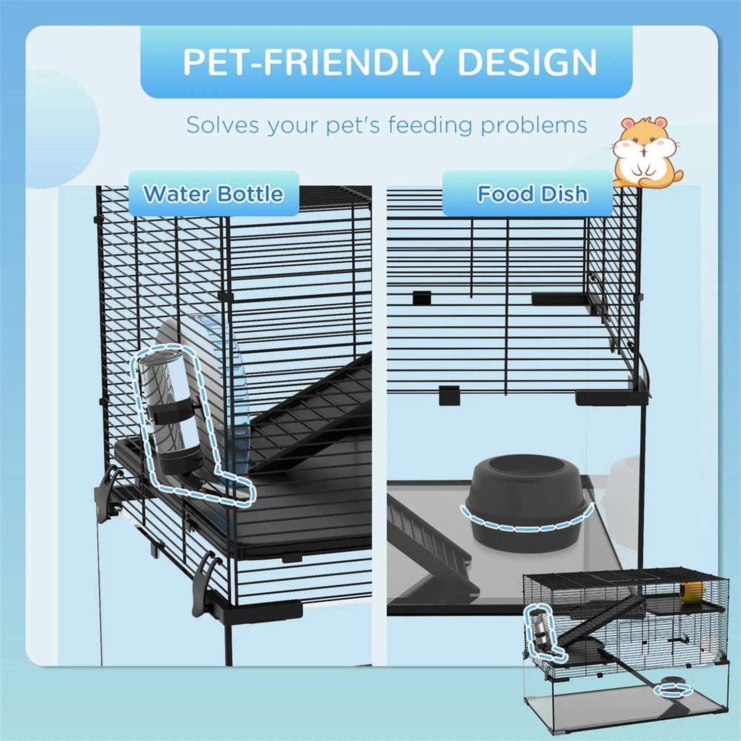 Kadyn 31" Hamster Cage, Gerbil Cage with Glass Basin for Small Hamsters, 3 Levels Small Animal Habitats, Black