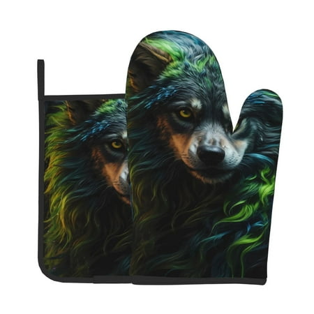 

Gaeub Realistic Style Colorful Wolf A Print Oven Mitts and Pot Holders Sets of 2 Heat Resistant Pad Cooking Gloves for Baking BBQ Home Decor