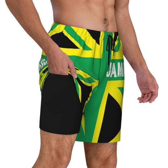 Men's 2 in 1 Swim Trunks with Compression Liner Jamaica Jamaican Kingdom Flag Quick Dry Beach Shorts