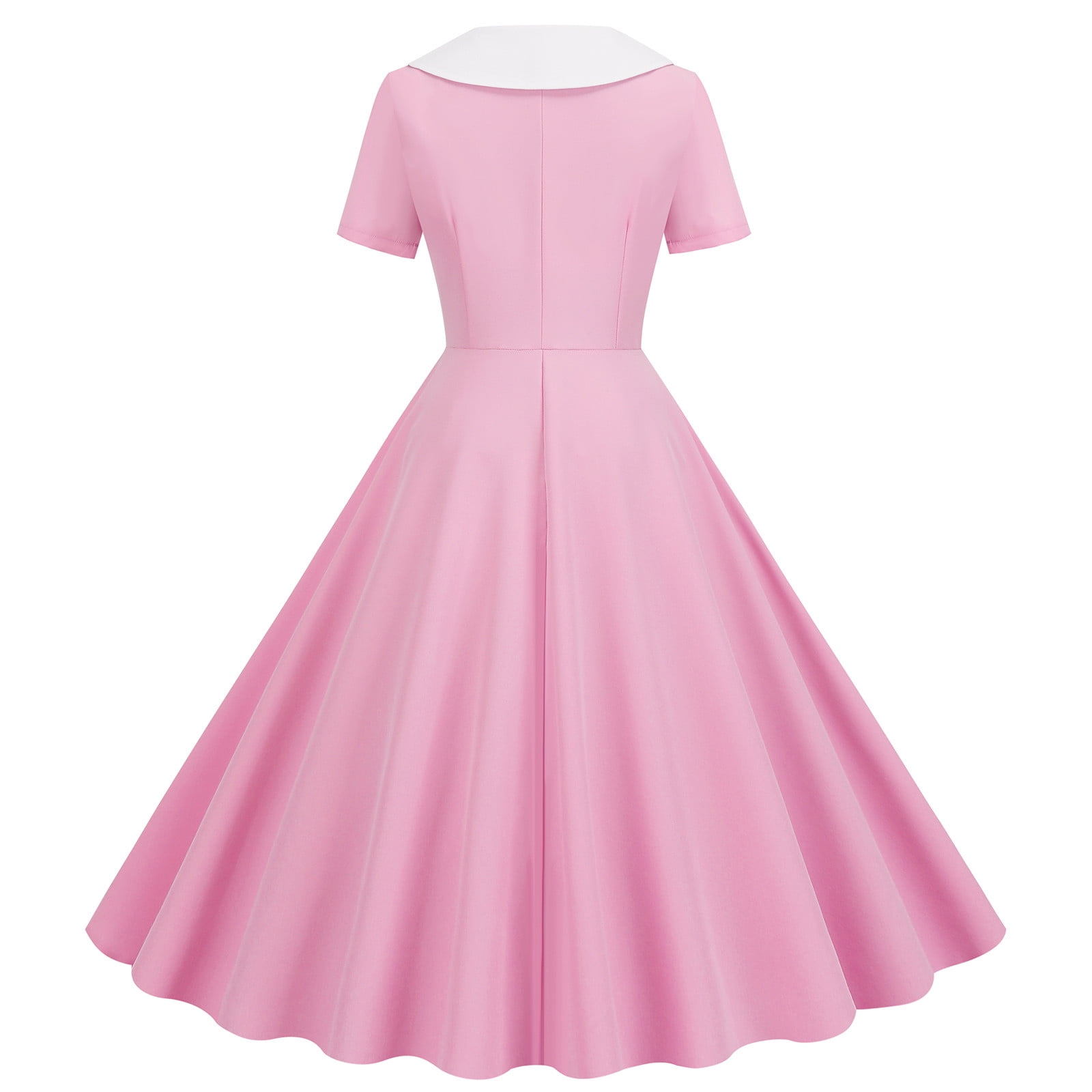 Cavosen 1950 Dress Style Women Pink Short Sleeve 1950S Dress Midi Vintage Retro Ruched Pleated A-Line Dresses Plain Casual Dress V-Neck Dress Going Out Dresses Vacation Clothes S