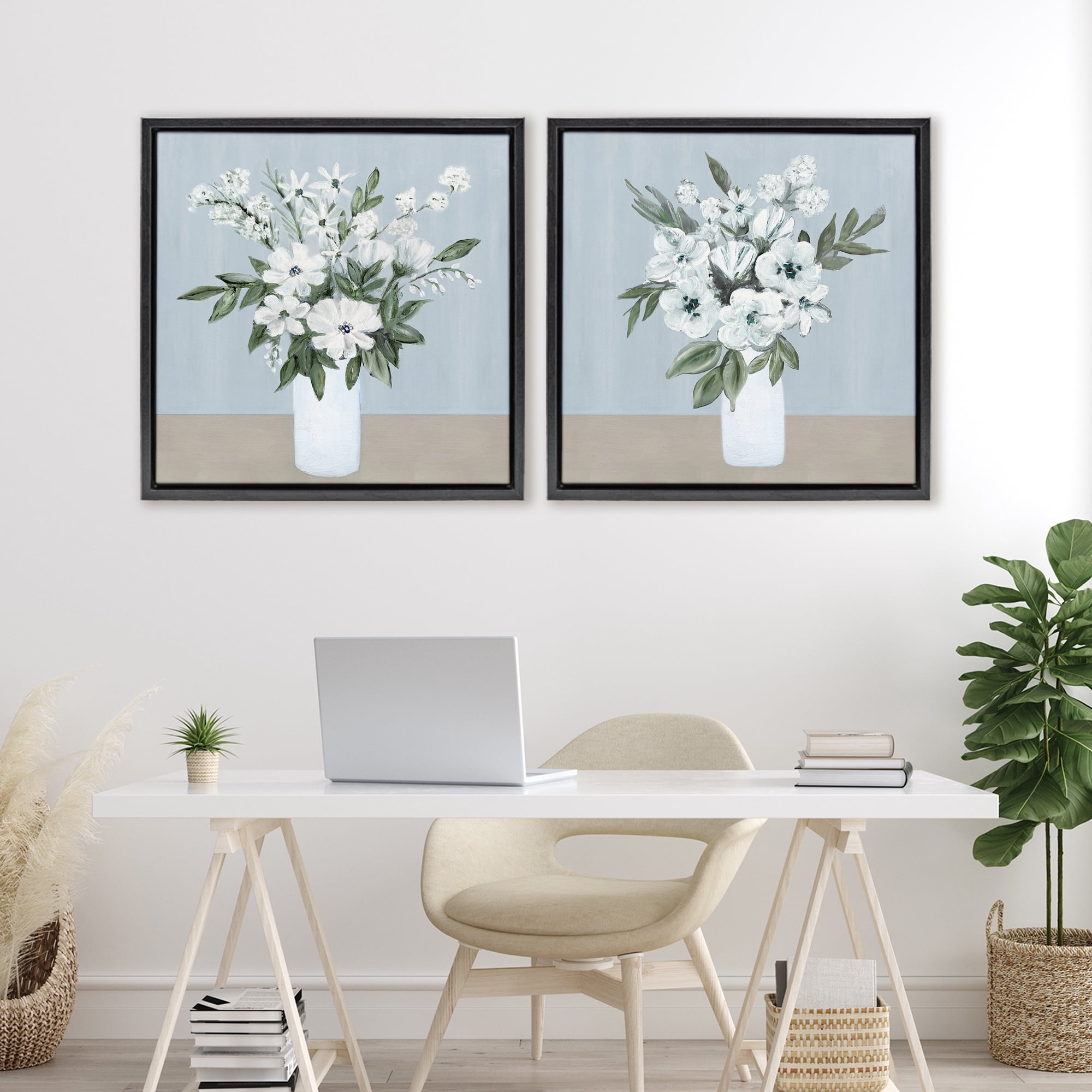 Stupell Industries Mixed White Blossoms 2 Piece Black Framed Floater Canvas Set, design by Marilyn Dunlap