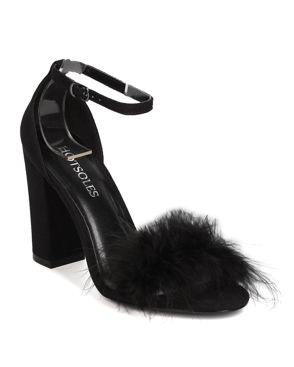 HOTSOLES FI00 Women Faux Suede Open Toe Feathered Chunky Heel Sandal
