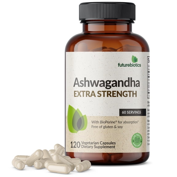 Futurebiotics Ashwagandha Extra Strength Stress & Mood Support with BioPerine - Non GMO Formula, 120 Vegetarian Capsules