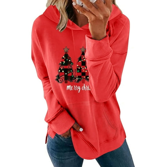 Fiaer Christmas Hoodie for Women Funny Graphic Hooded Sweatshirts Long Sleeve Plus Size V Neck Drawstring Holiday Tops with Pockets Watermelon Red XL