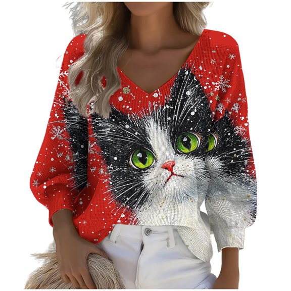 Christmas Tops for Women Long Sleeve Holiday Graphic V Neck Pullover Tunic Shirts Multicolor XL