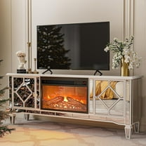 Mirrored Fireplace TV Stand for 65 inch TV, Mirrored TV Stand with Storage, Silver Electric Fireplace TV Stand with Crystal Handles for Living Room, Bedroom