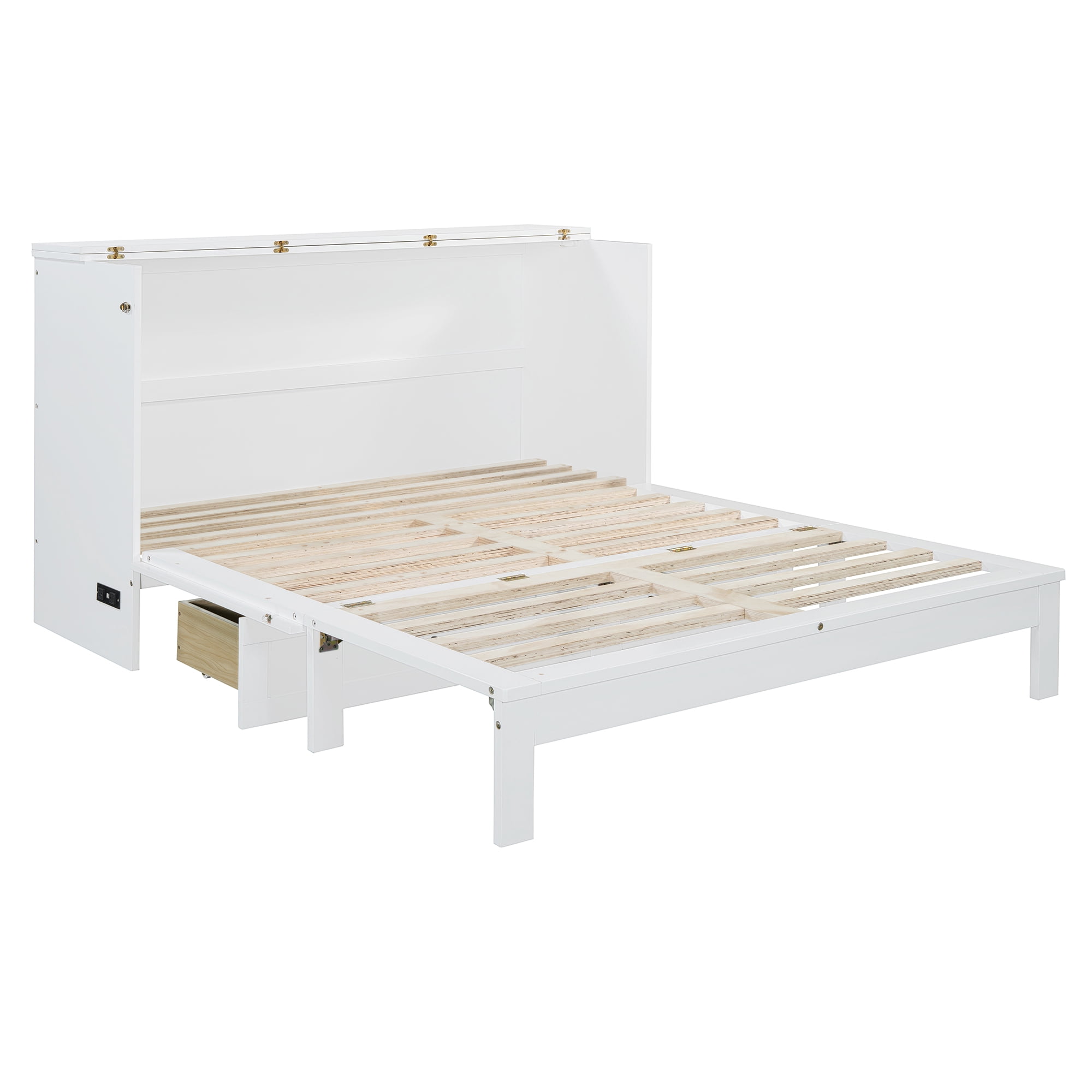 Mintazer Queen Murphy Bed with Rattan Cabinet & Storage Drawer, Modern Foldable Cabinet Bed with USB Port for Bedroom Apartment Guest Room, White