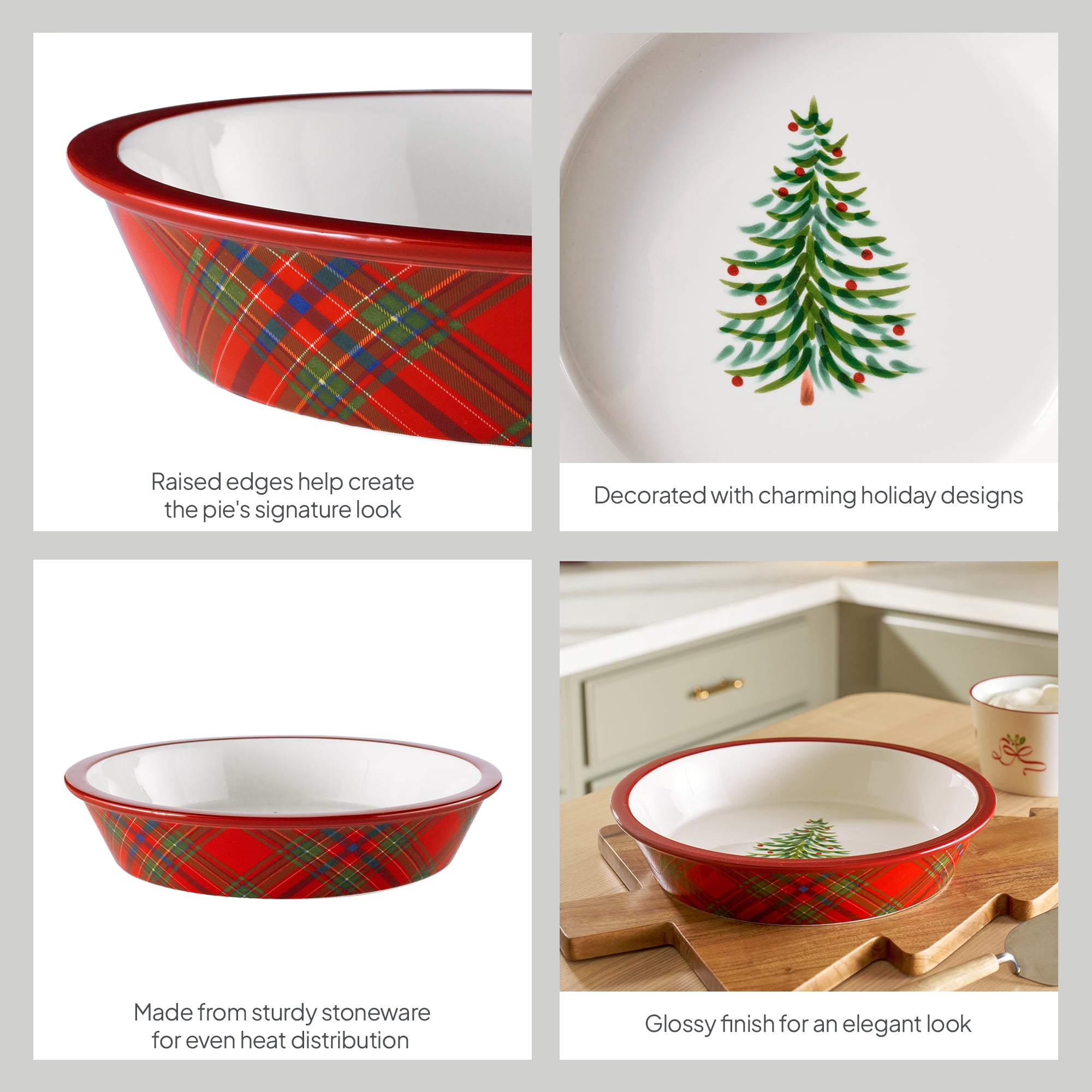 Better Homes & Gardens Holiday Plaid 10-inch Stoneware Pie Dish, Microwave and Dishwasher Safe