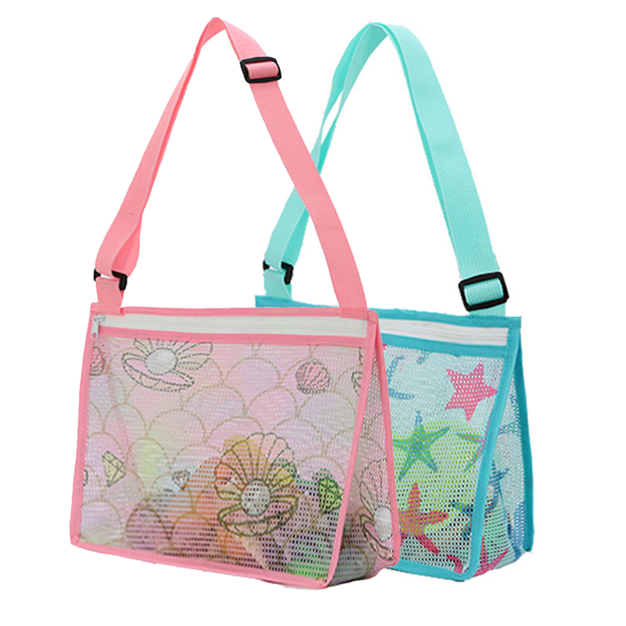 2 Pack Beach Toy Mesh Bag Kids Shell Collecting Bag Totes with Zipper