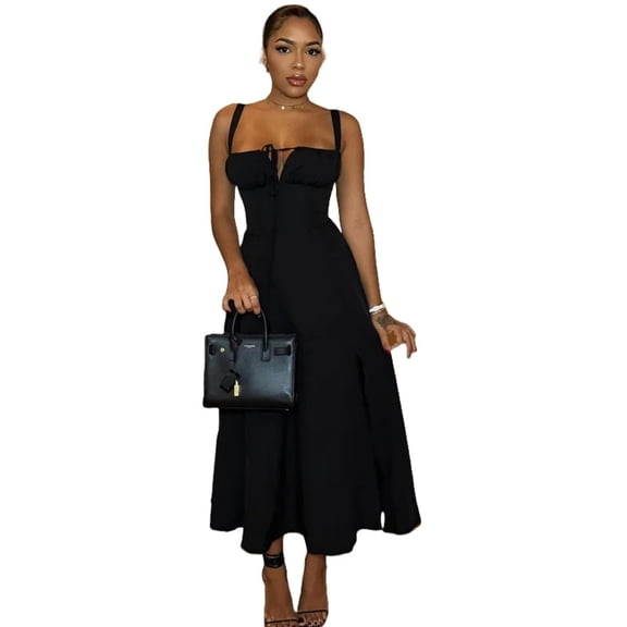 Women's Chest Wrapped Lace-Up Halter Sleeveless Split A-Line Dress, Slash Neck, Backless, Sexy