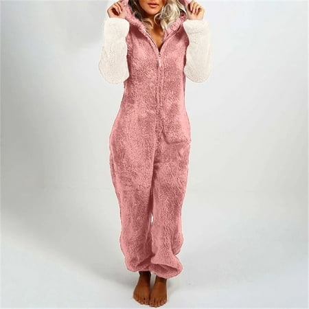 

HAXMNOU Women s Artificial Wool Long Sleeve Pajamas Casual Solid Color Zipper Loose Hooded Jumpsuit Pajamas Casual Winter Warm Rompe Cute Ears Sleepwear Pink L