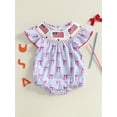 thumbnail image 4 of BemeyourBBs Newborn Baby Girl 4th of July Outfit Smocked Bubble Romper Patriotic Independent Day Summer Clothes Casual Plaid Print Flag Embroidery Fly Sleeves Bodysuit Jumpsuit, 4 of 9