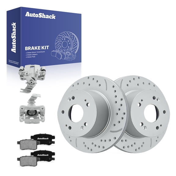 AutoShack Rear Solid Drilled & Slotted Coated Brake Rotors Silver Matte Finish   Ceramic Pads   Calipers 8-PC Brake Kit Replacement for 2008-2012 Honda Accord TurboGuard 11.1" (282 mm)