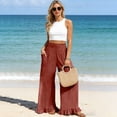 thumbnail image 3 of Satingcolo Women Linen Pants Summer Ruffle Wide Leg Palazzo Pant Smocked Waist Travel Lounge Trousers Beach Vacation Outfits Red 2XL, 3 of 8