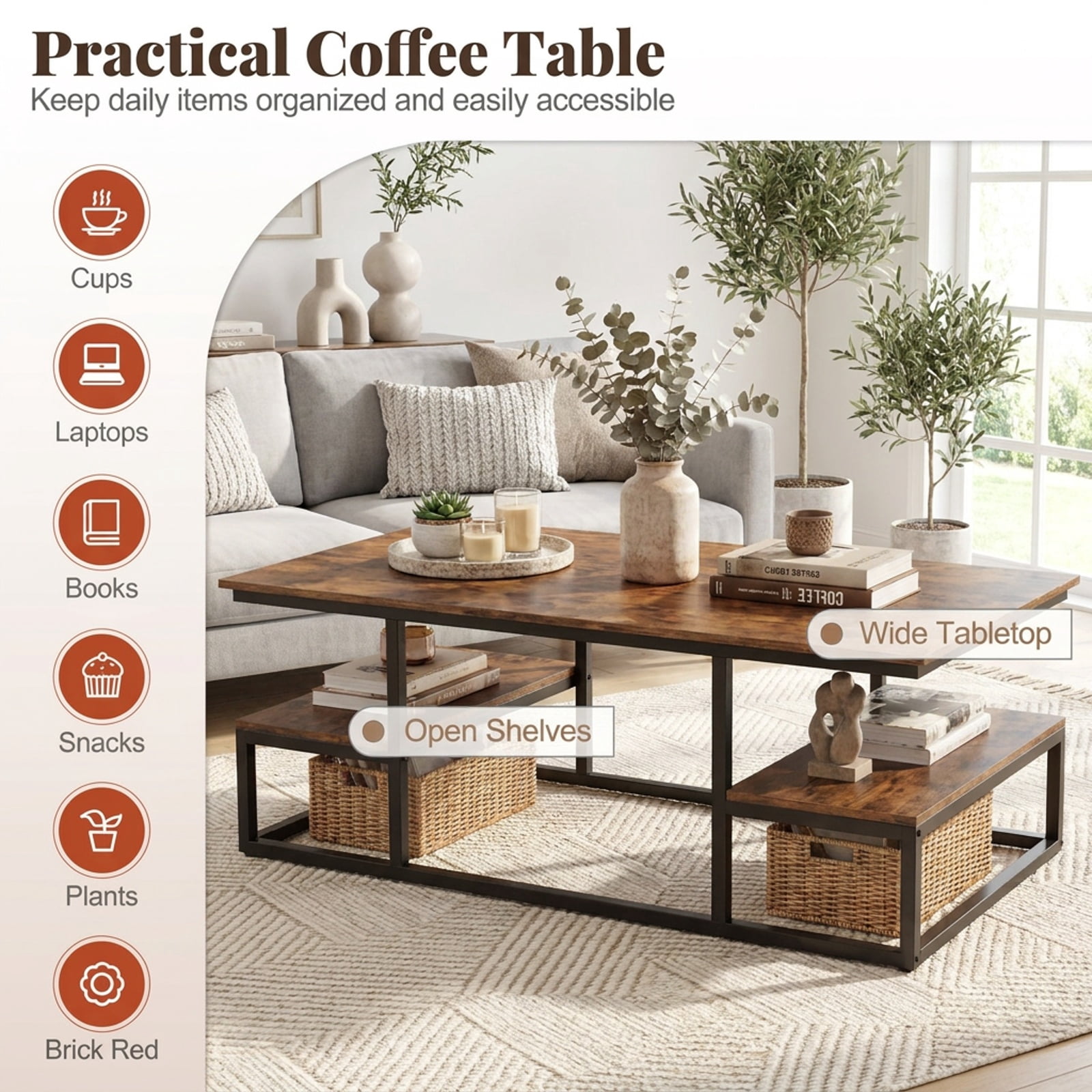 Furnibear 43 Inch Rectangle Coffee Table with Two Open Shelves and Metal Frame a Rustic Wood Living Room Center Table, Rustic Brown