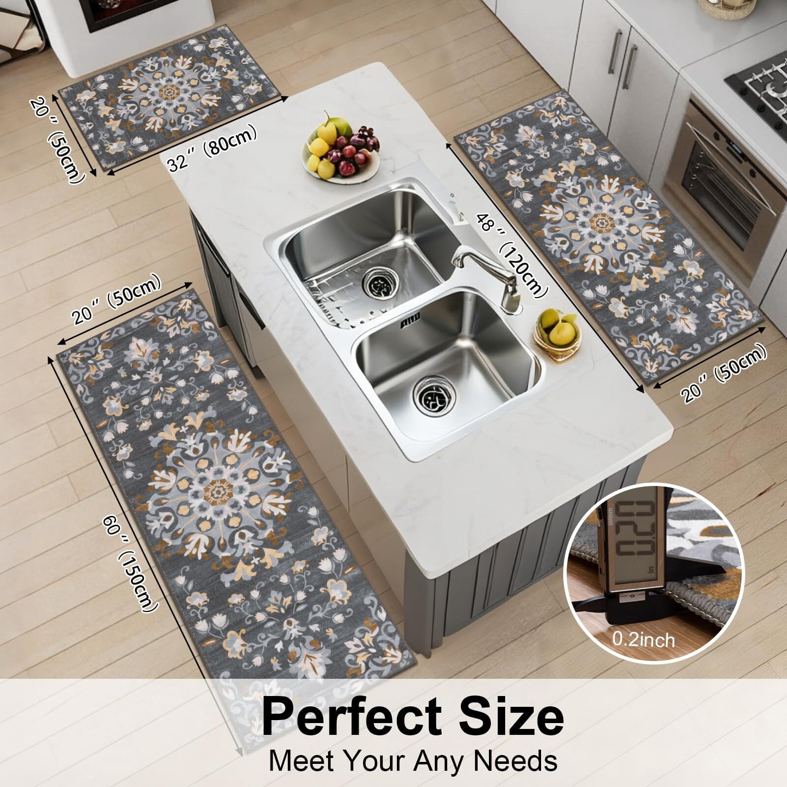 Findosom 3pcs Washable Kitchen Rug Set,Non-Slip Floral Boho Kitchen Mats Kitchen Runner Rug Floor Carpet for Hardwood Floor,Sink,Entryway,Bathroom,Home Decor,20"x32"+20"x48"+20"x59"