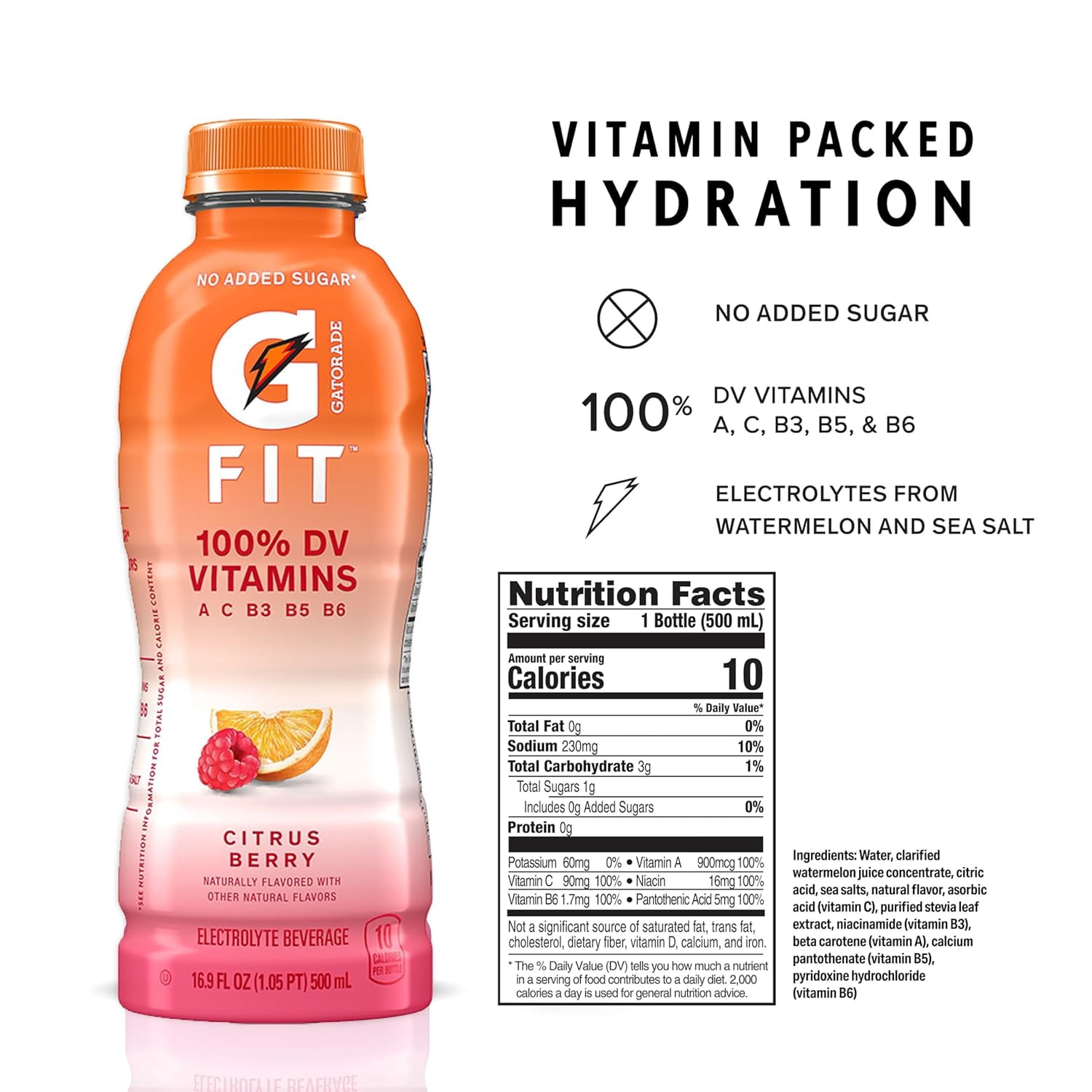 Gatorade Fit Electrolyte Beverage, Citrus Berry, 16.9 fl oz Bottles, 100% DV Vitamins, No Added Sugar – Hydration Drink, 4 Pack