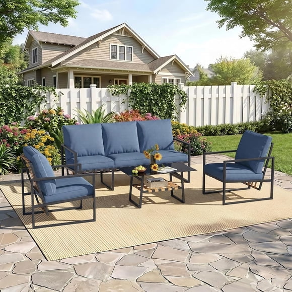 AECOJOY Ensemble de Mobilier de Patio Extérieur 4 Pcs, Canapé 3 Places et 2 Fauteuils avec Table Basse en Verre, Ensemble de Salon à Lattes en Métal et Faux Rotin pour Jardin, Balcon et Bord de Piscine (Bleu Foncé)
