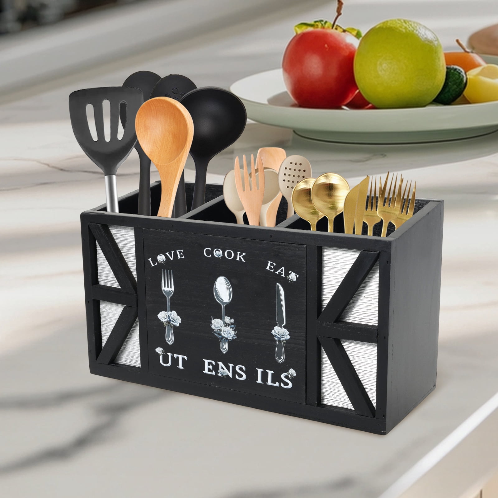 Tzdxfgl Wood Kitchen Utensil Holder, Silverware Organizer with 3 Compartments for Countertop, Black Wood Utensil Caddy for Farmhouse Kitchen Decor