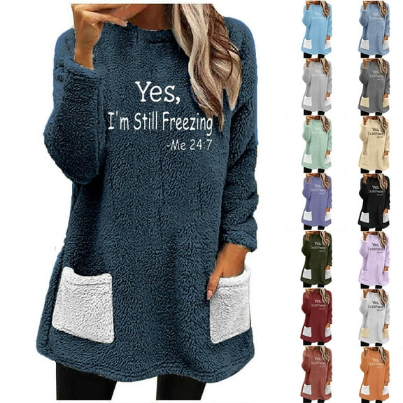 lcziwo Womens Sherpa Pullover Oversized Letter Graphic Fuzzy Fleece Sweatshirt Loose Comfy Loungewear Winter Thermal Tops with Colorblock Pockets Limited Time Sales of Today Navy M