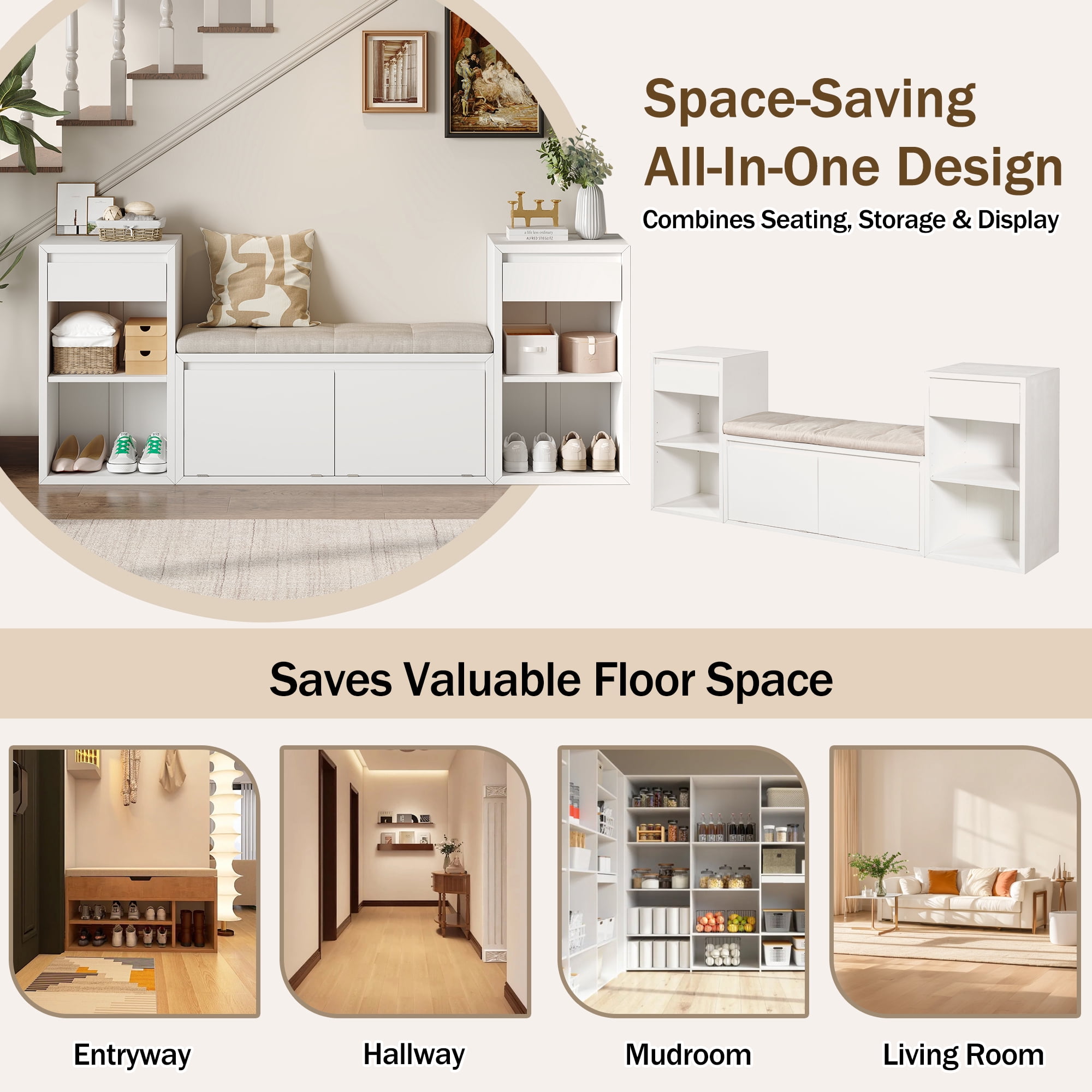 Aukfa 3pcs Storage Shoe Bench Set with Cushioned Seat, Entryway Organizer with Open Shelves & Cubbies,White