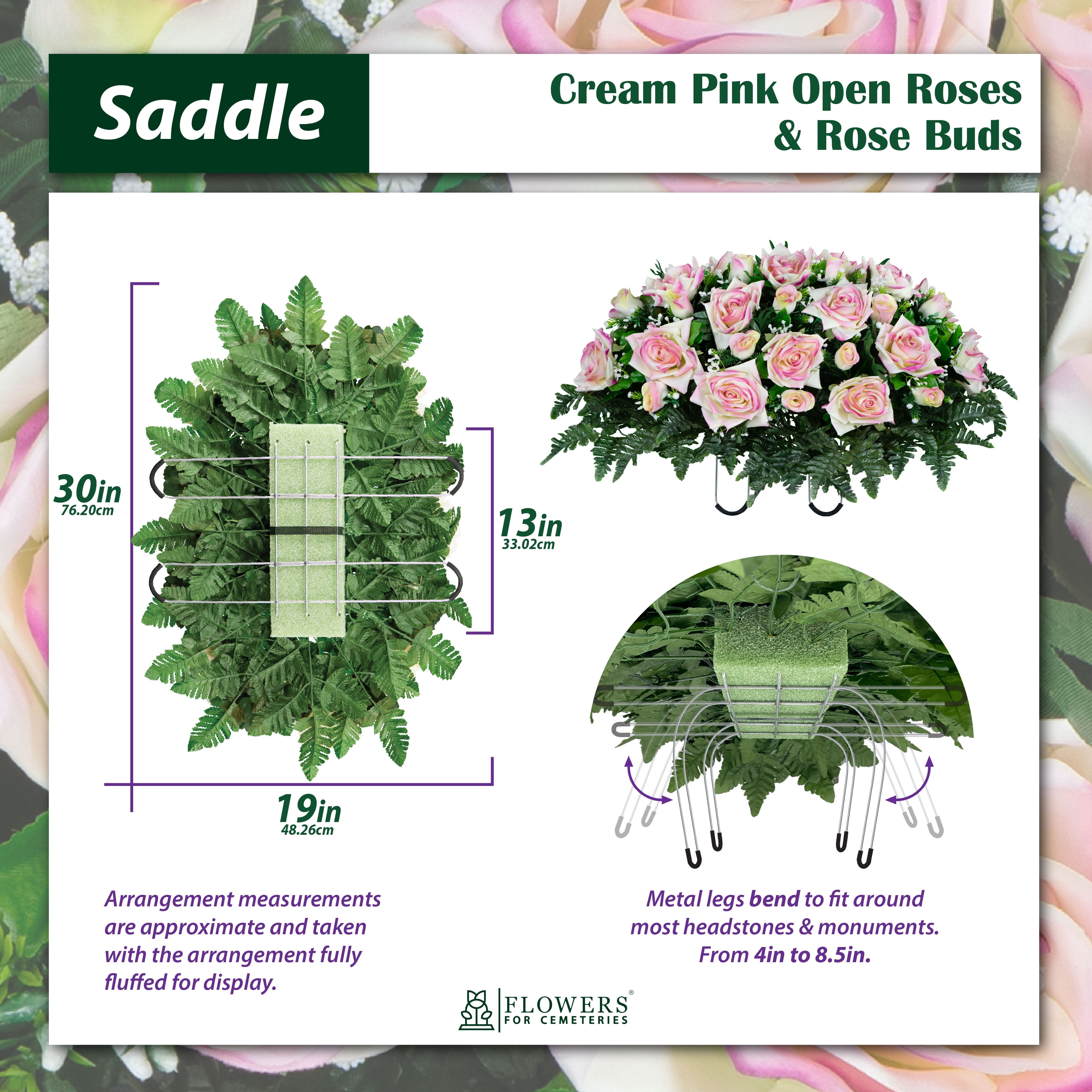 Sympathy Silks Artificial Cemetery Flowers - Cream Pink Open Roses and Rose Buds - Outdoor Saddle for Headstone
