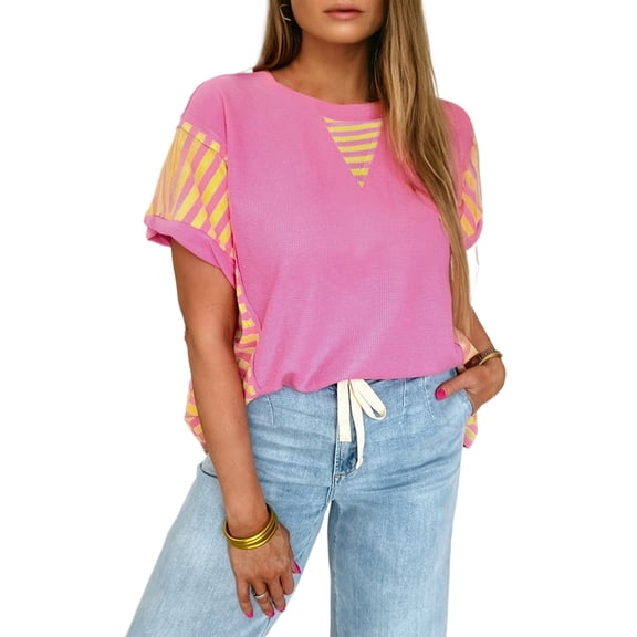 Women's Bright Pink Waffle Knit T-Shirt – Casual Short Sleeve with Striped Patchwork, XL