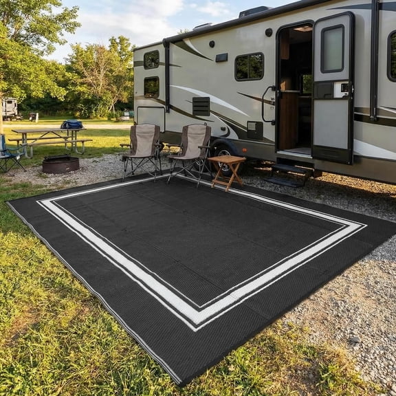 TacleeKii 8' x 10' Waterproof Reversible Plastic Straw Outdoor Rug, Bordered Patio Mat for RV, Balcony, Deck, Camping, Black