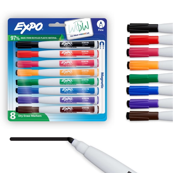 EXPO Magnetic Dry Erase Markers with Eraser, Assorted Colors, Fine Tip, 8 Count