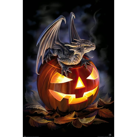Trick Or Treat - Anne Stokes Fantasy Poster (Dragon & Jack O'Lantern) (24 X 36")