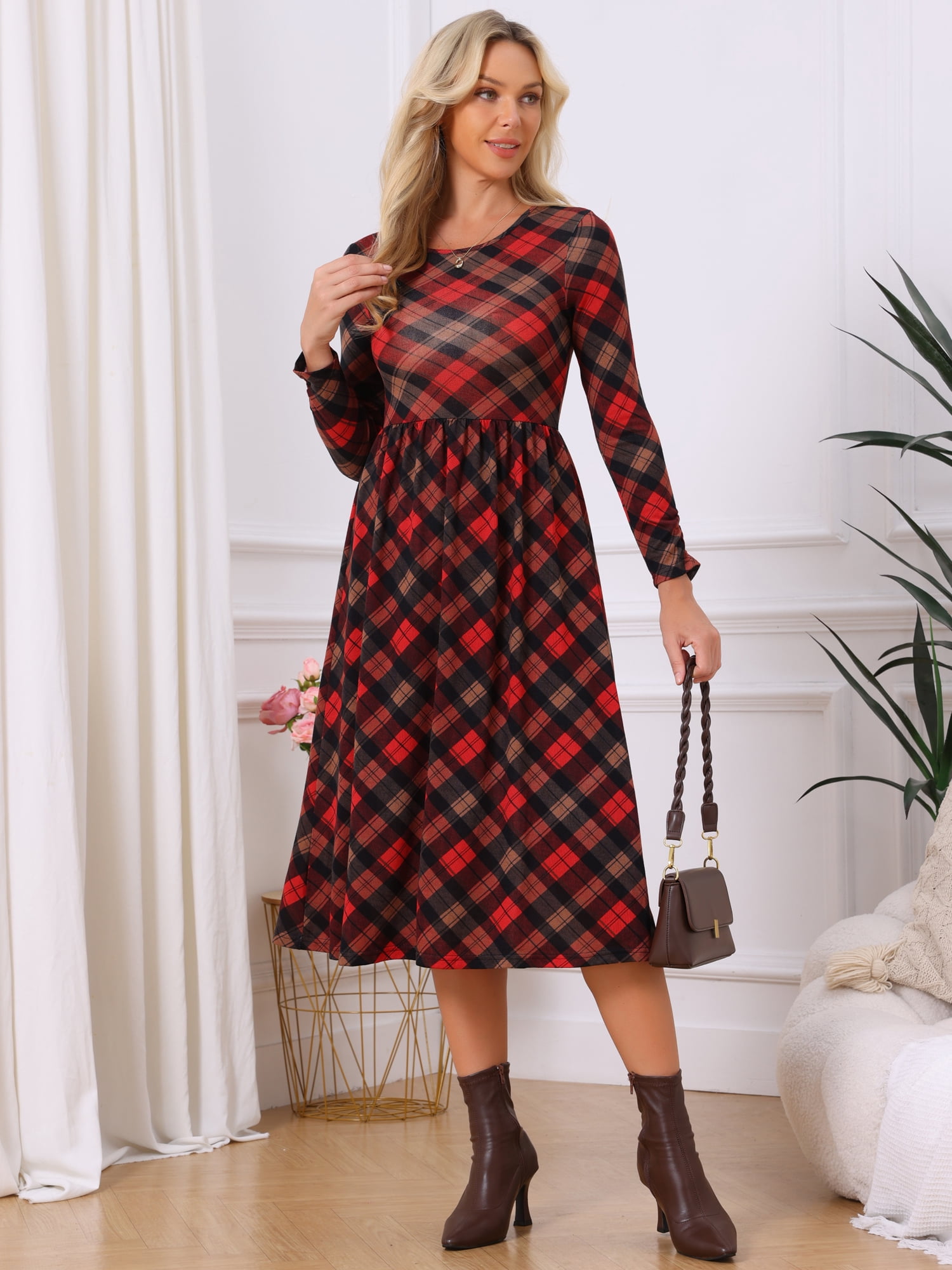 DARING DIVA Women's Plaid Long Sleeve Crew Neck A Line Midi Dress S Red