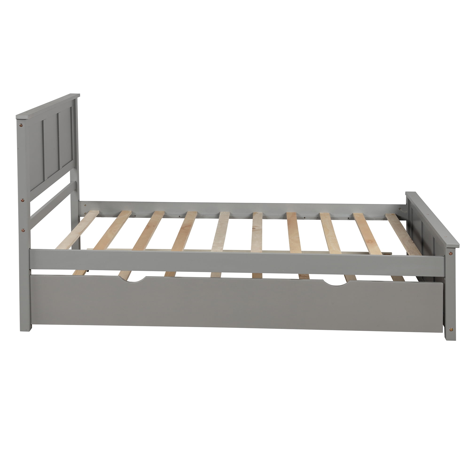 Euroco Wood Twin Size Platform Bed with Trundle for Kids Teens, Gray