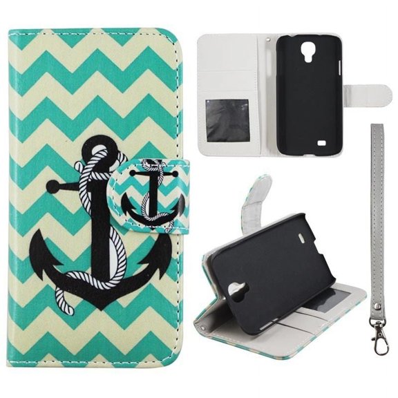 Aqua Chevron Anchor Wallet Folio Case for Samsung Galaxy S4 Fashion Flip PU Leather Cover Card Slots & Stand
