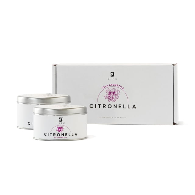 Kit 2 Velas De Soya | 260 g | Aroma Citronela | Duración 26 Horas | Para Exteriores e Interiores | Kit Citronella Candle | B Life.