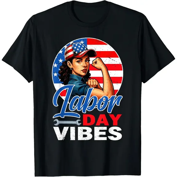 Women's Patriotic Rosie Riveter Labor Day Vibes Graphic T-Shirt