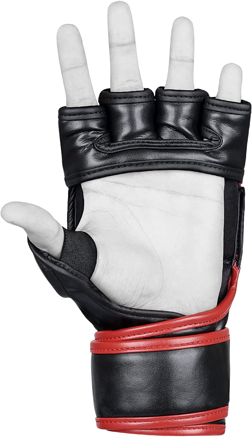 Kruzak MMA Gloves, Men and Women’s Half-Finger Boxing Mitts, Hand Wraps with Open Palms for Grappling, Kickboxing, Sanda, Sparring, Muay Thai (S/M, Red)