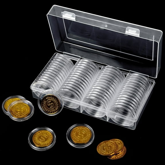 60Pcs 40mm Clear Coin Capsules Holder with Collecting Box, Plastic Silver Dollar Coin Storage Organizer, Coin Collection Supplies
